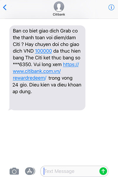 Citi sẽ gửi 01 tin nhắn đến số điện thoại di động đã đăng ký của bạn với đường dẫn đổi điểm hoặc dặm thưởng.