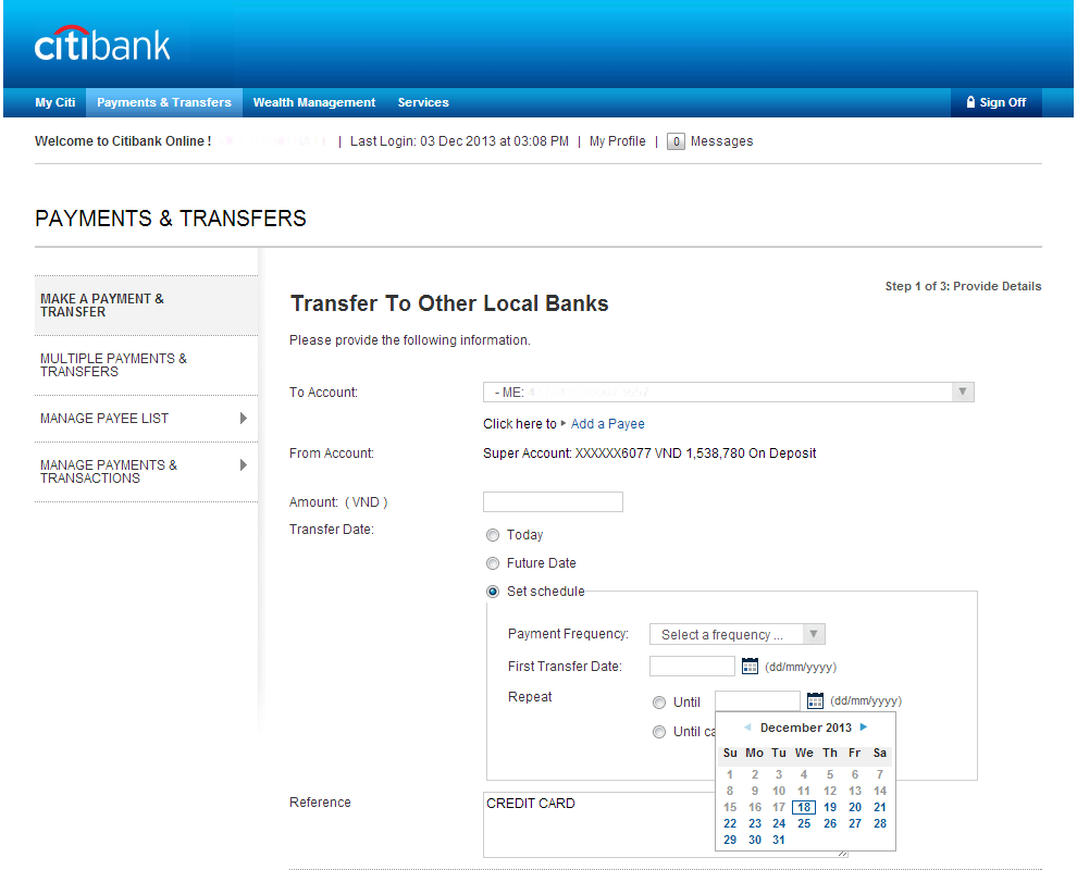 Payments and Transfers Calendar