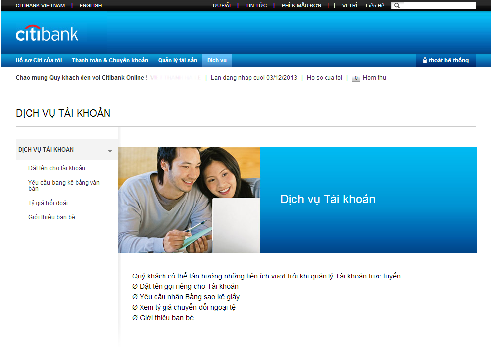 Dịch vụ tài khoản Citibank